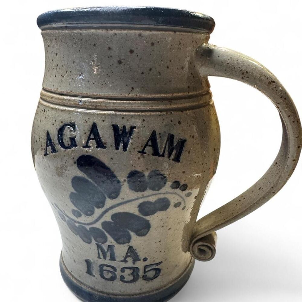 Artisan-created Agawam MA 1635 Pottery Mug Glazed Blue Signed 1985